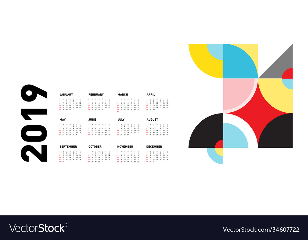 2019 calendar design template with colorful Vector Image 2019 calendar design template with colorful