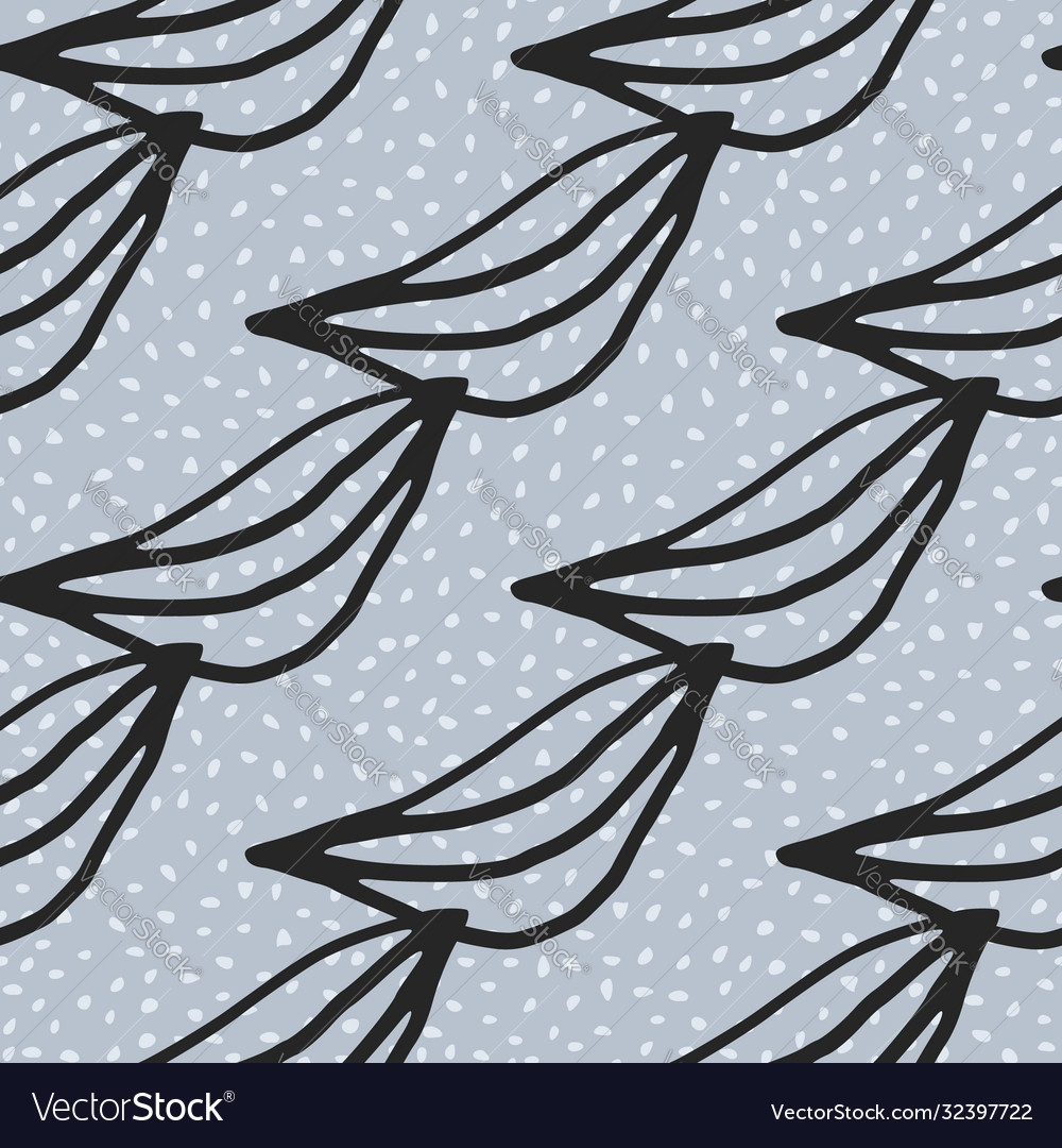 Black outline leaves seamless pattern blue