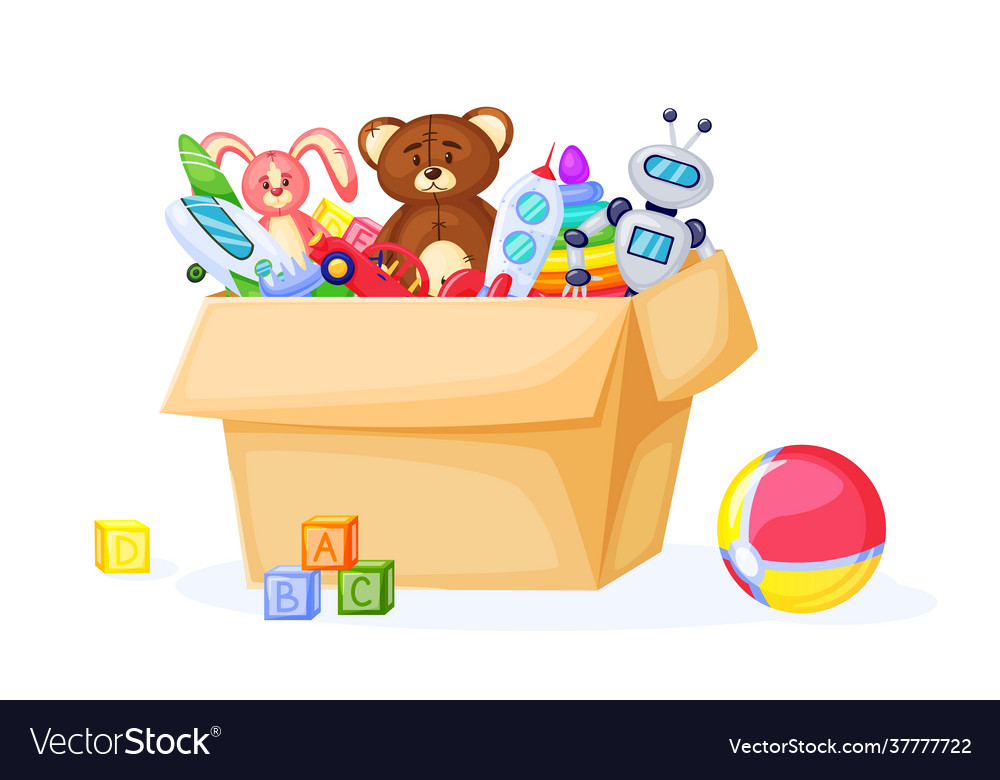 Kids toys in cardboard box cute cartoon ball Vector Image