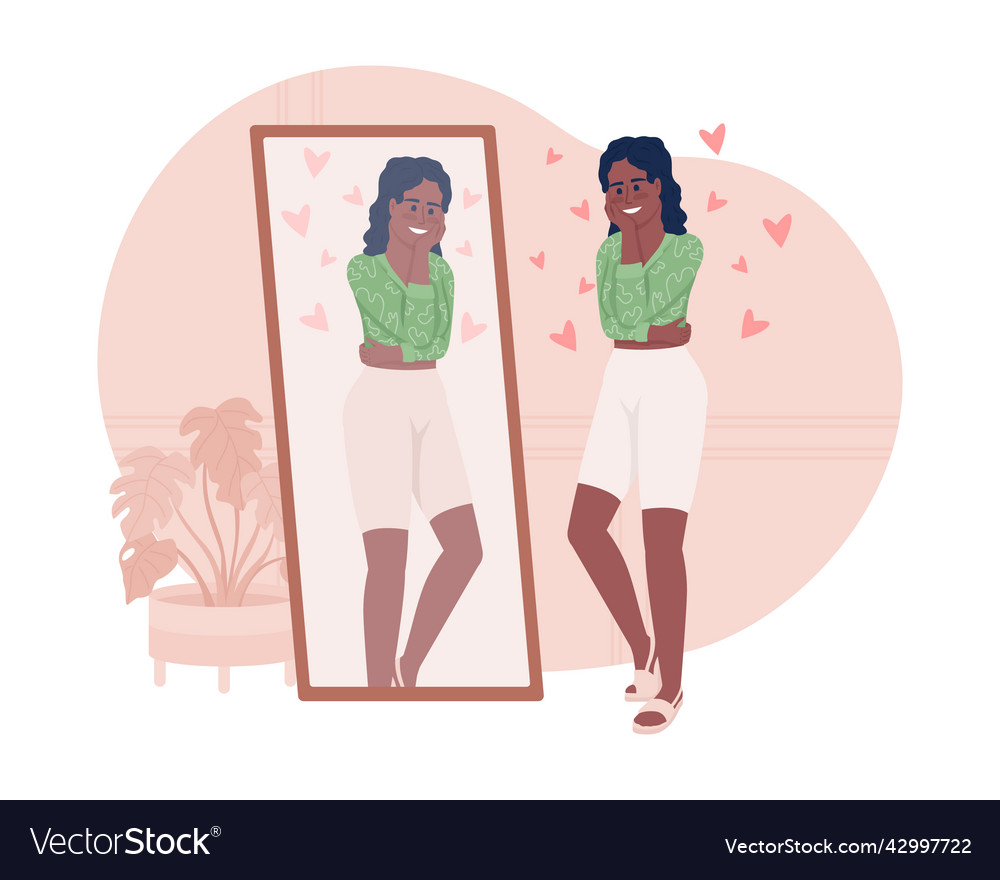 Positive woman near mirror at home 2d isolated