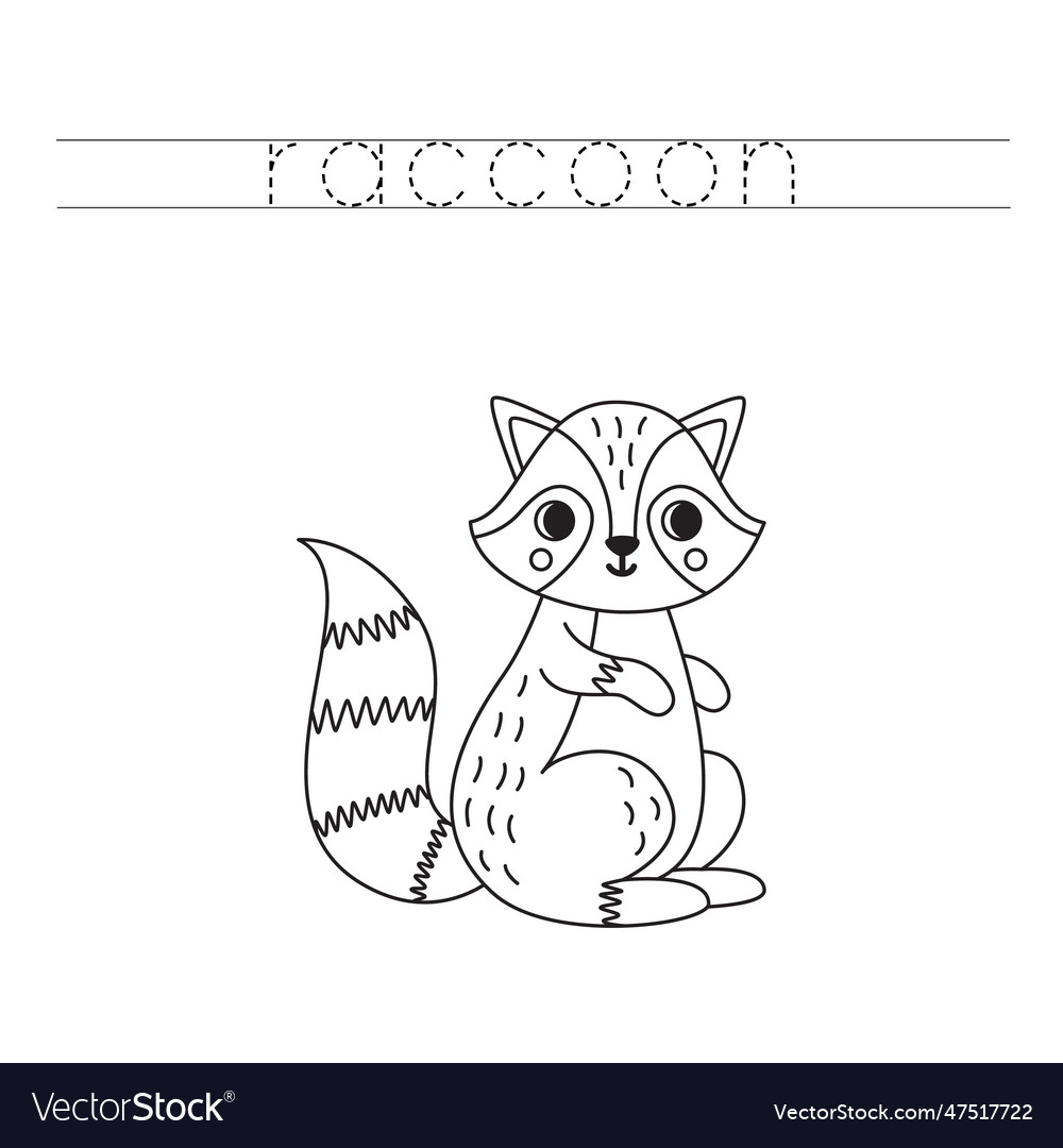 Trace the letters and color cartoon raccoon Vector Image