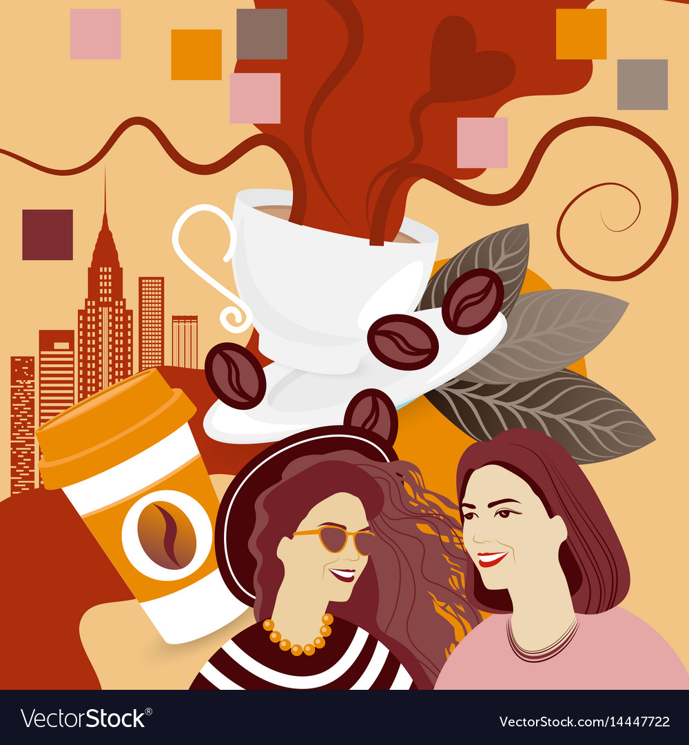 Two girls over coffee cup background break