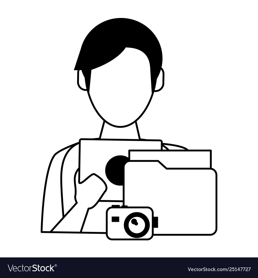 Man using tablet with documents and camera vector image Man using tablet with documents and camera