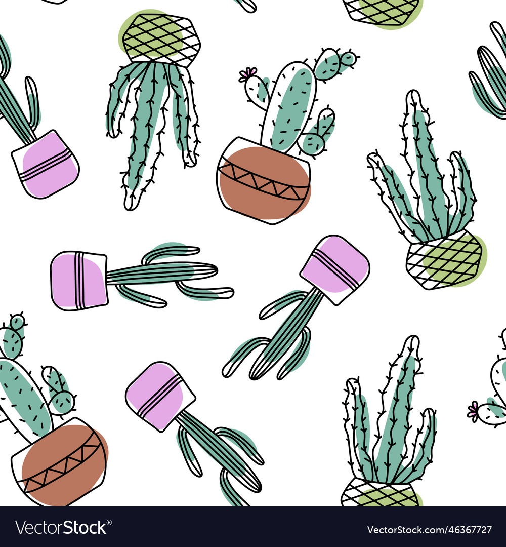 Seamless pattern with cactuses in a pot