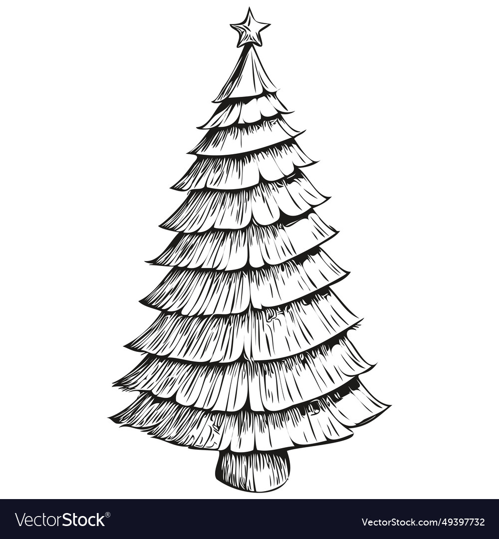 Christmas tree drawing in black and white hand Vector Image