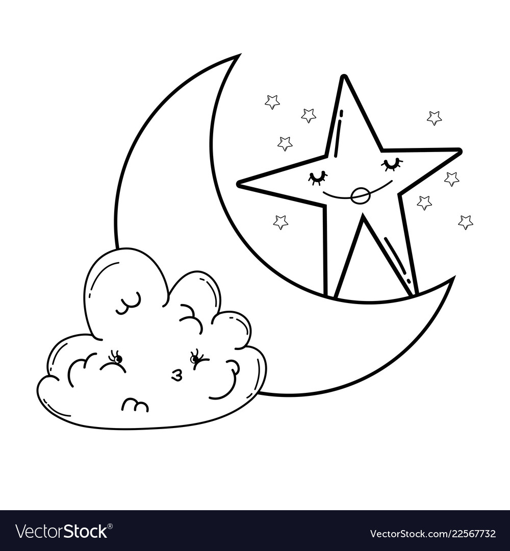 Clouds And Moon Cute Cartoons In Black And White Vector Image