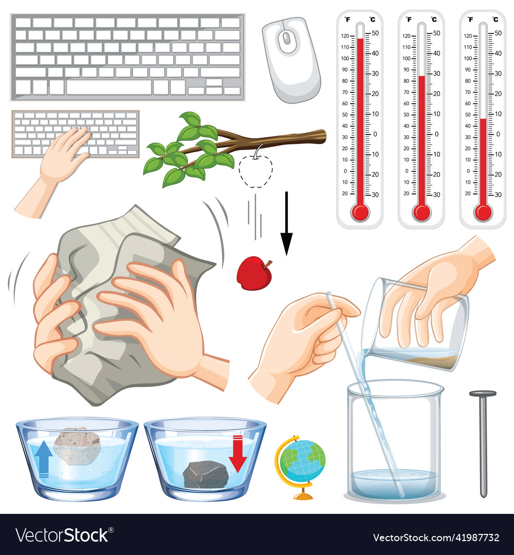 Different science equipments on white background