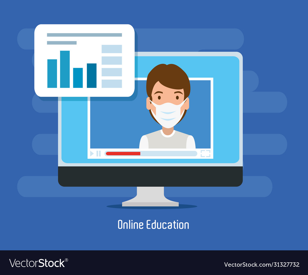 Man using face mask studying online in desktop vector image Man using face mask studying online in desktop
