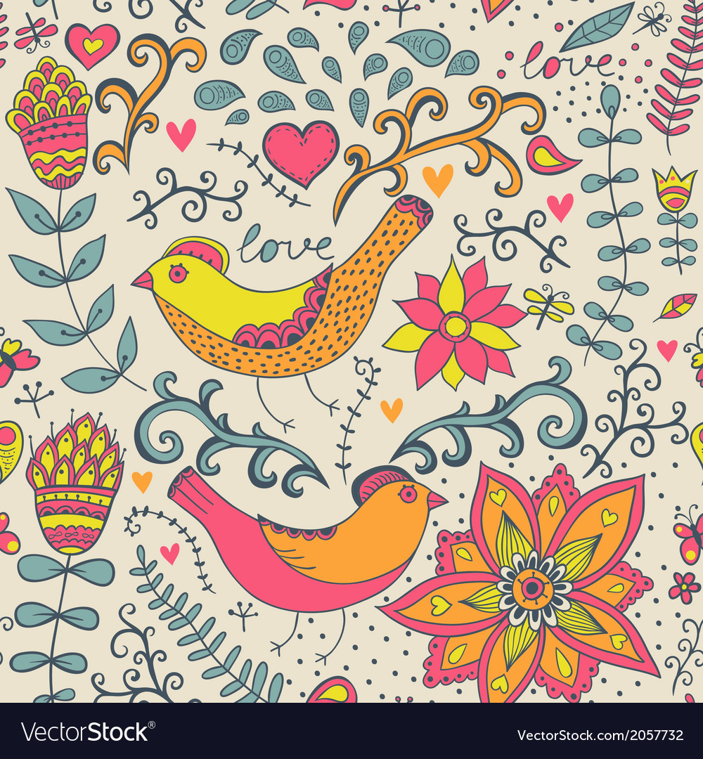 Seamless texture with flowers birds
