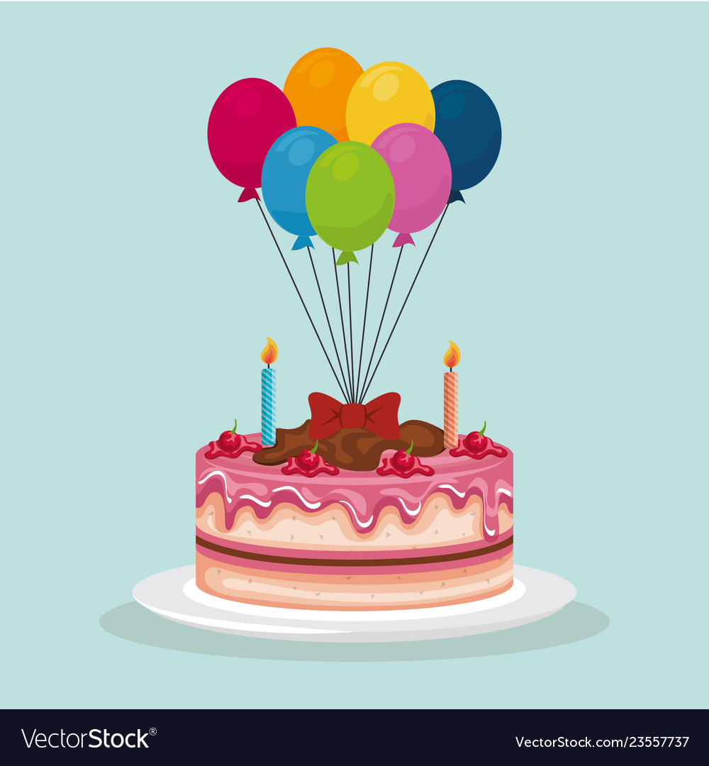 Delicious sweet cake and balloons helium birthday Vector Image