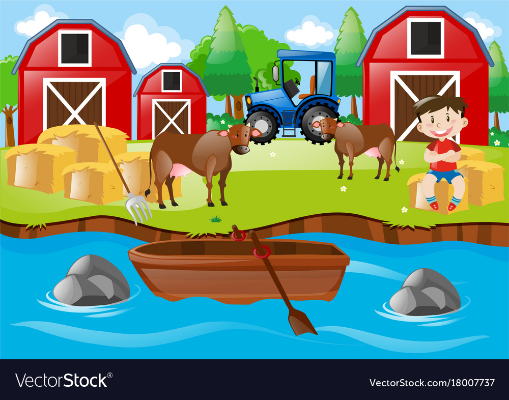 Farm scene with boy and bulls by the stream