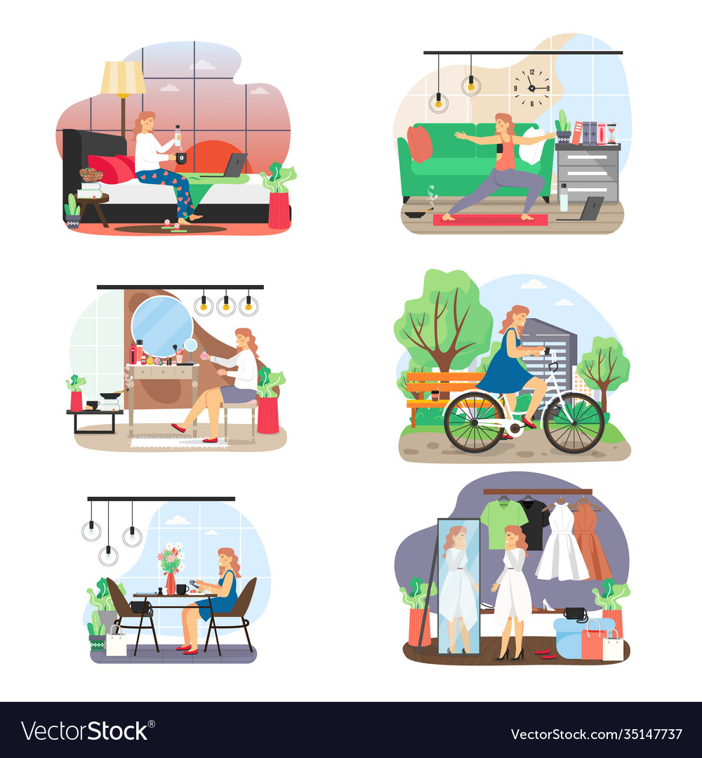 Woman daily life set flat Royalty Free Vector Image