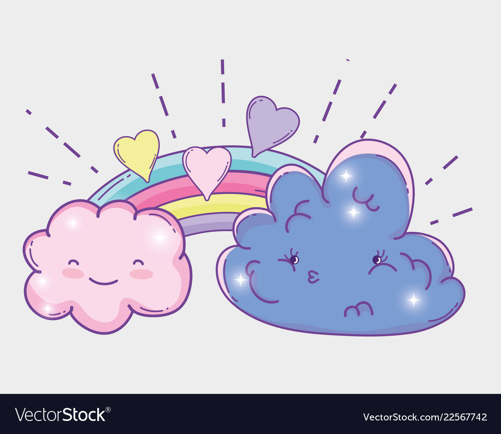 Rainbow with kawaii clouds fluffy and hearts