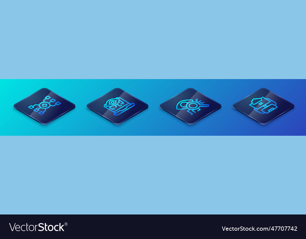 Set isometric line eye scan neural network cloud vector image Set isometric line eye scan neural network cloud