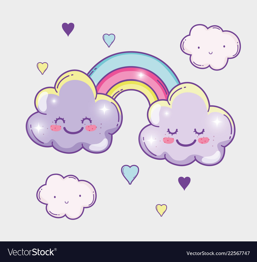 Kawaii fluffy clouds with rainbow and hearts Vector Image