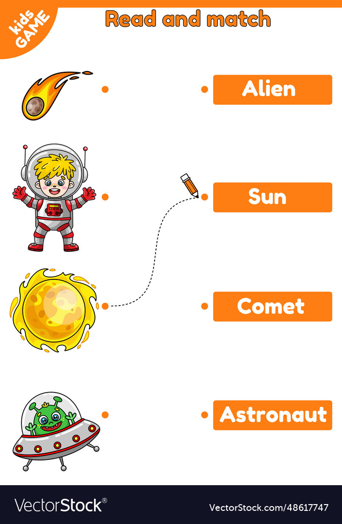 Kids game match english words and space objects vector image Kids game match english words and space objects