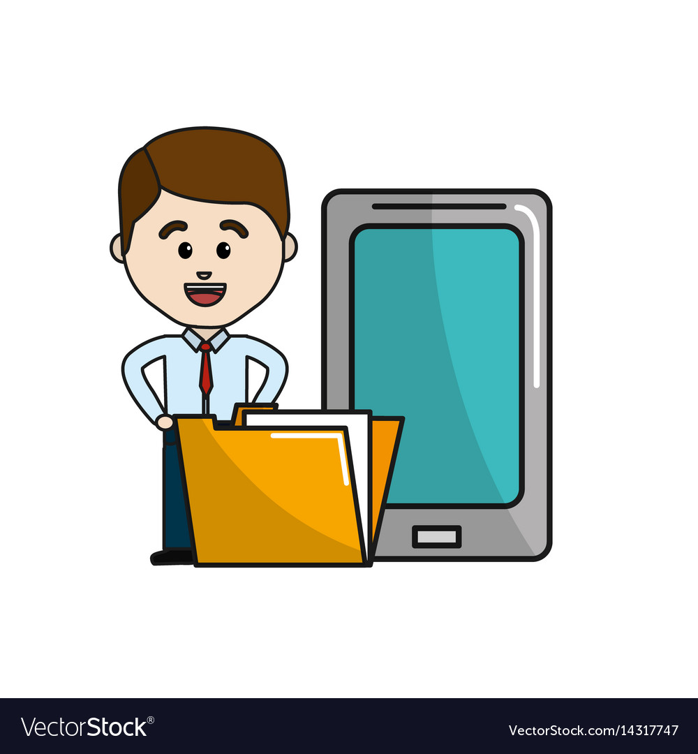 Man with smarphone and digital folder file
