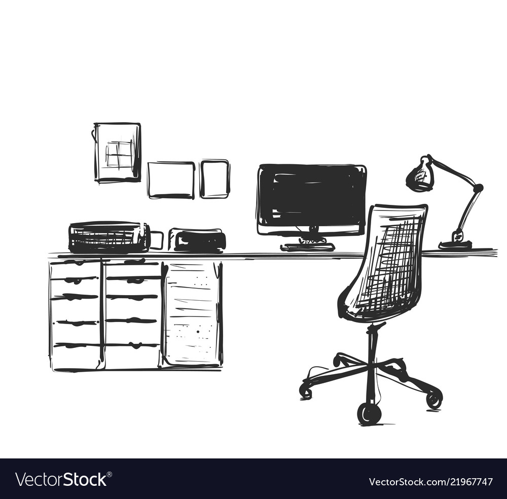 Table with a computer or workplace drawn by hand Vector Image