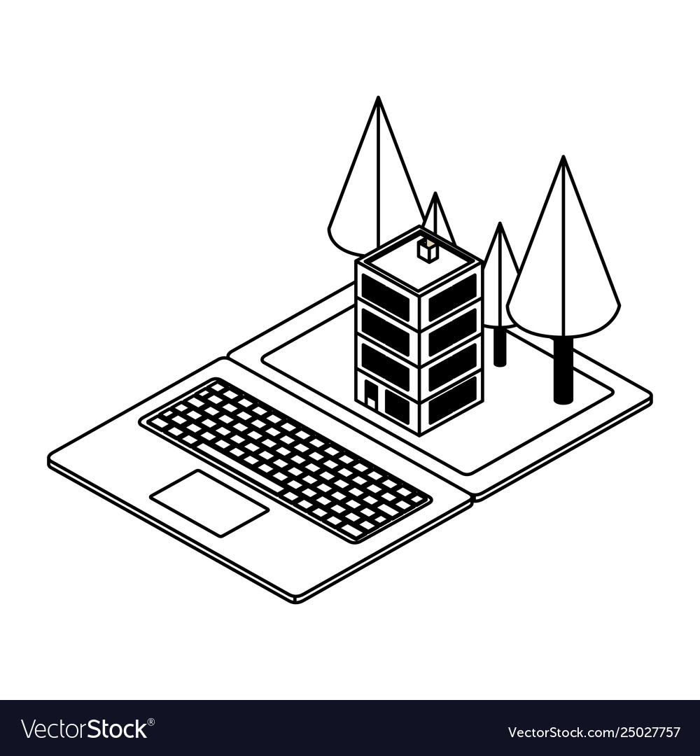 Computer laptop and building scene isometric icon