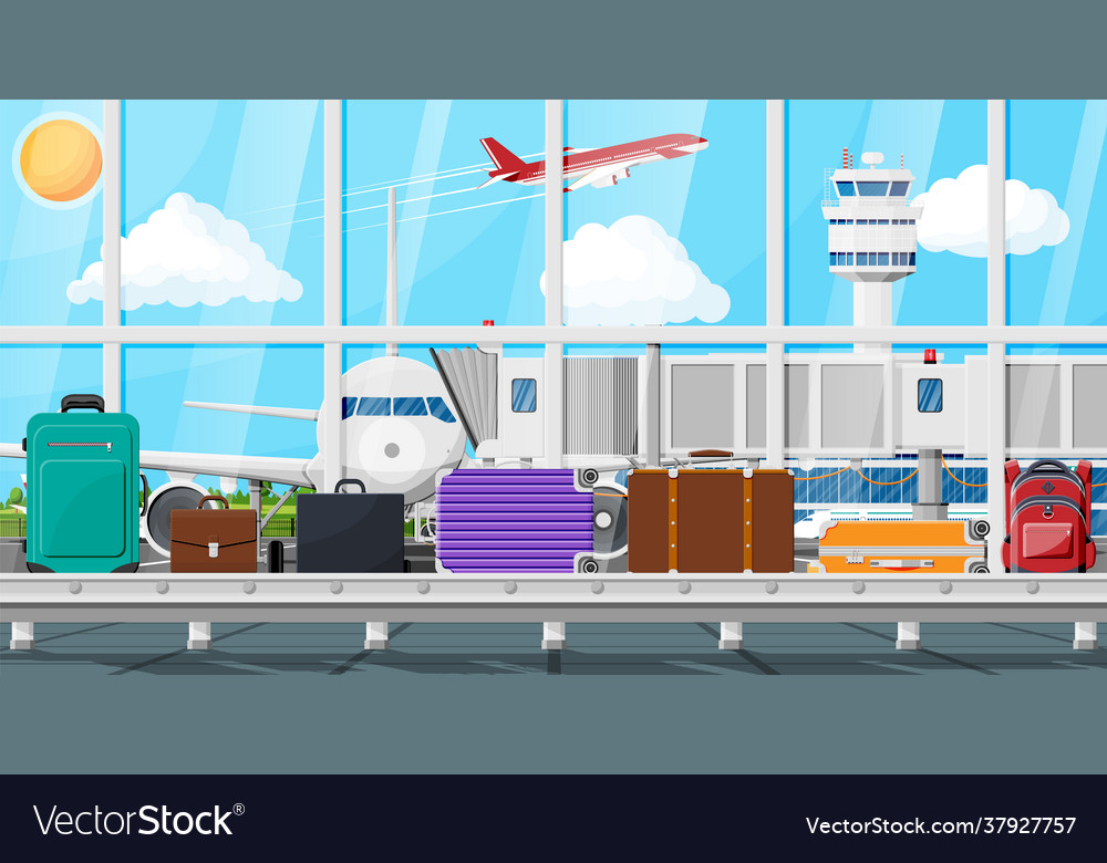 Conveyor belt with passenger luggage baggage claim vector image Conveyor belt with passenger luggage baggage claim