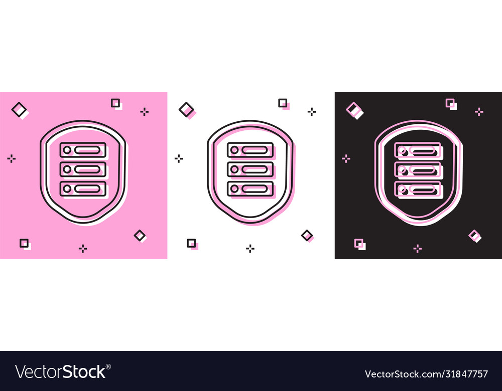 Set server with shield icon isolated on pink