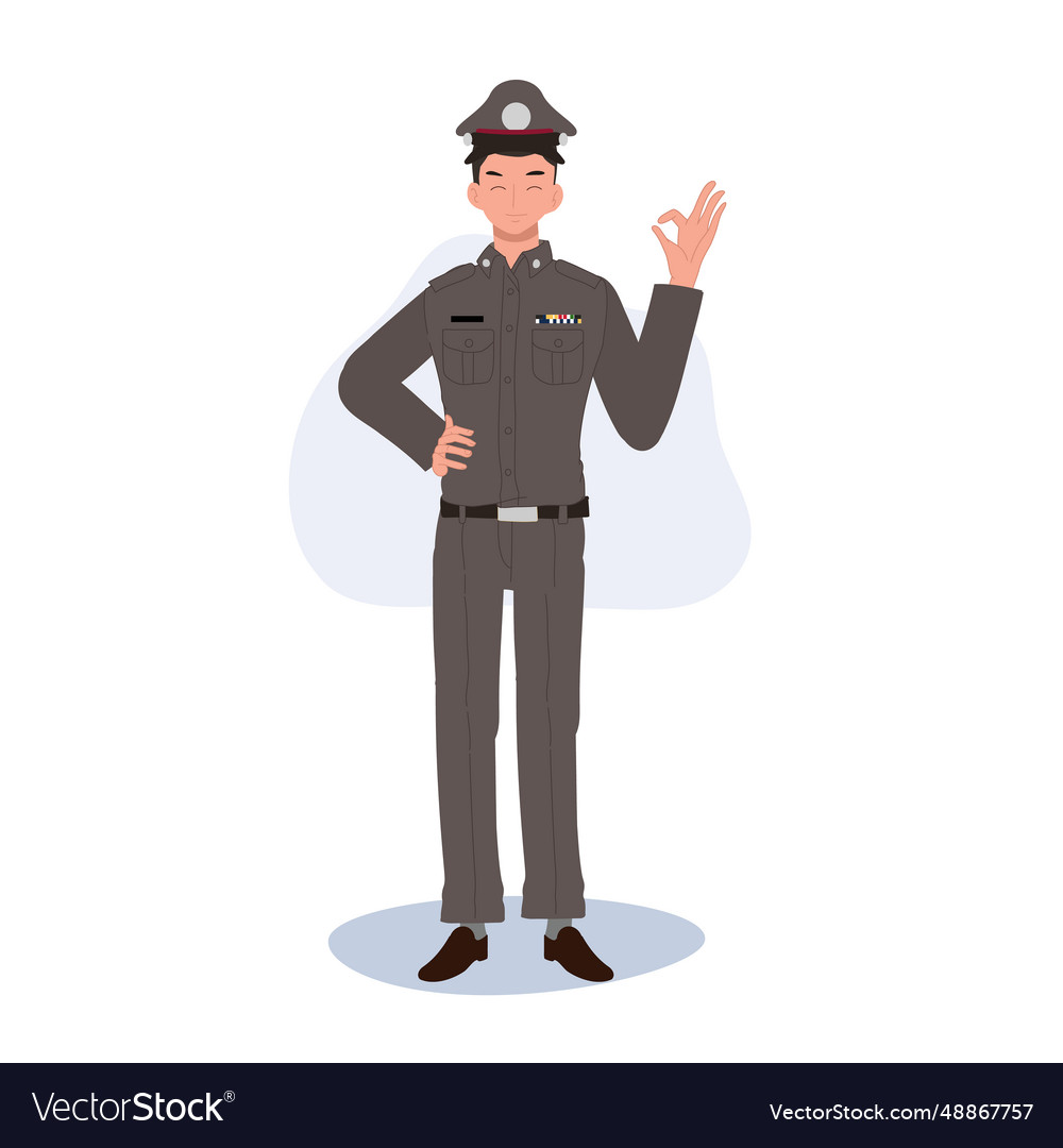 Smiling thai police officer in uniform showing ok Vector Image