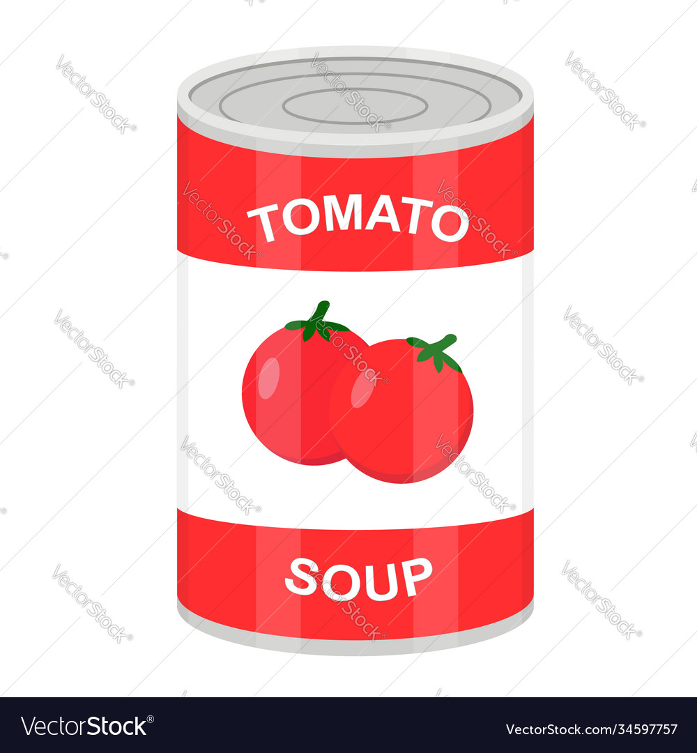 Tin can with canned tomato soup flat