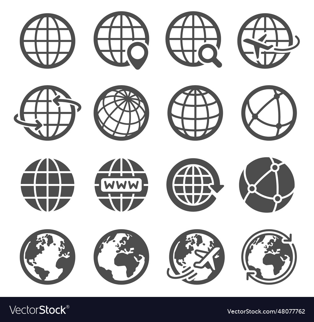 Earth globe icons worldwide map spherical planet Vector Image