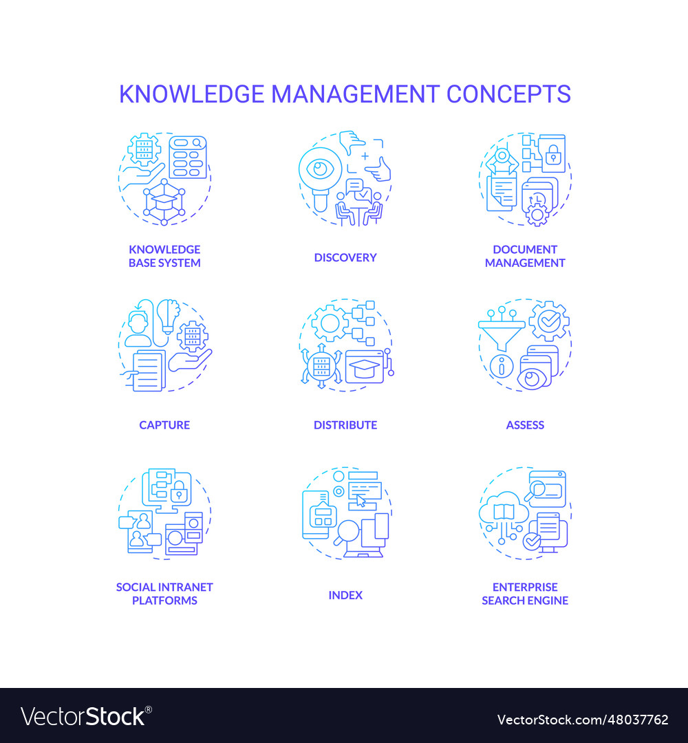 Gradient icons for knowledge management concepts vector image Gradient icons for knowledge management concepts