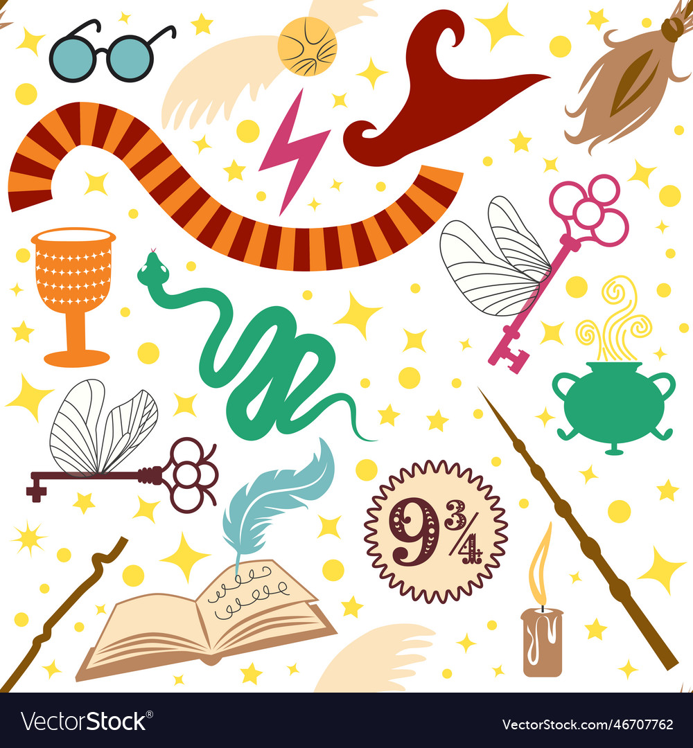 Magic items seamless pattern in flat style school