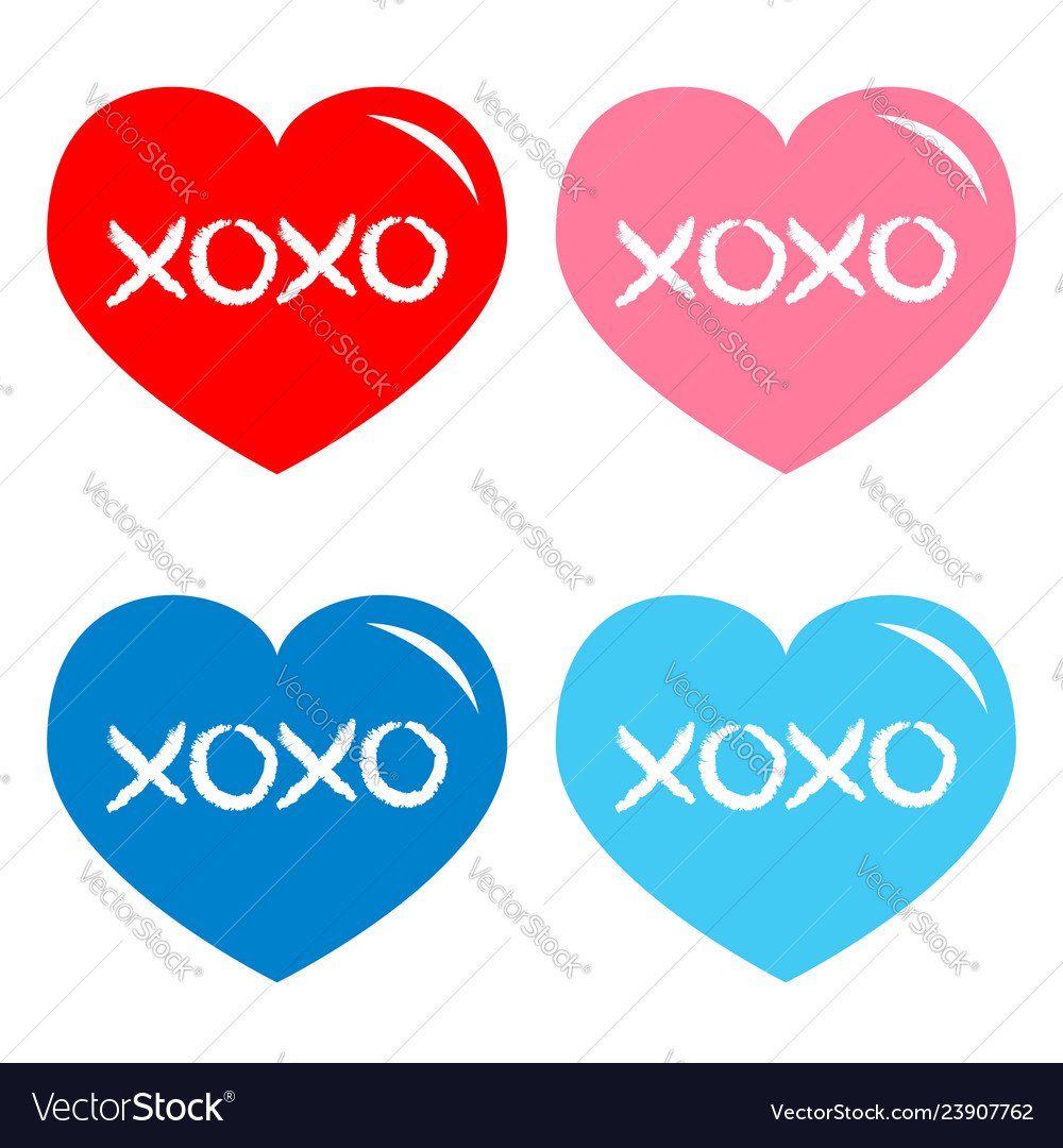 Red blue pink heart icon set xoxo phrase sketch