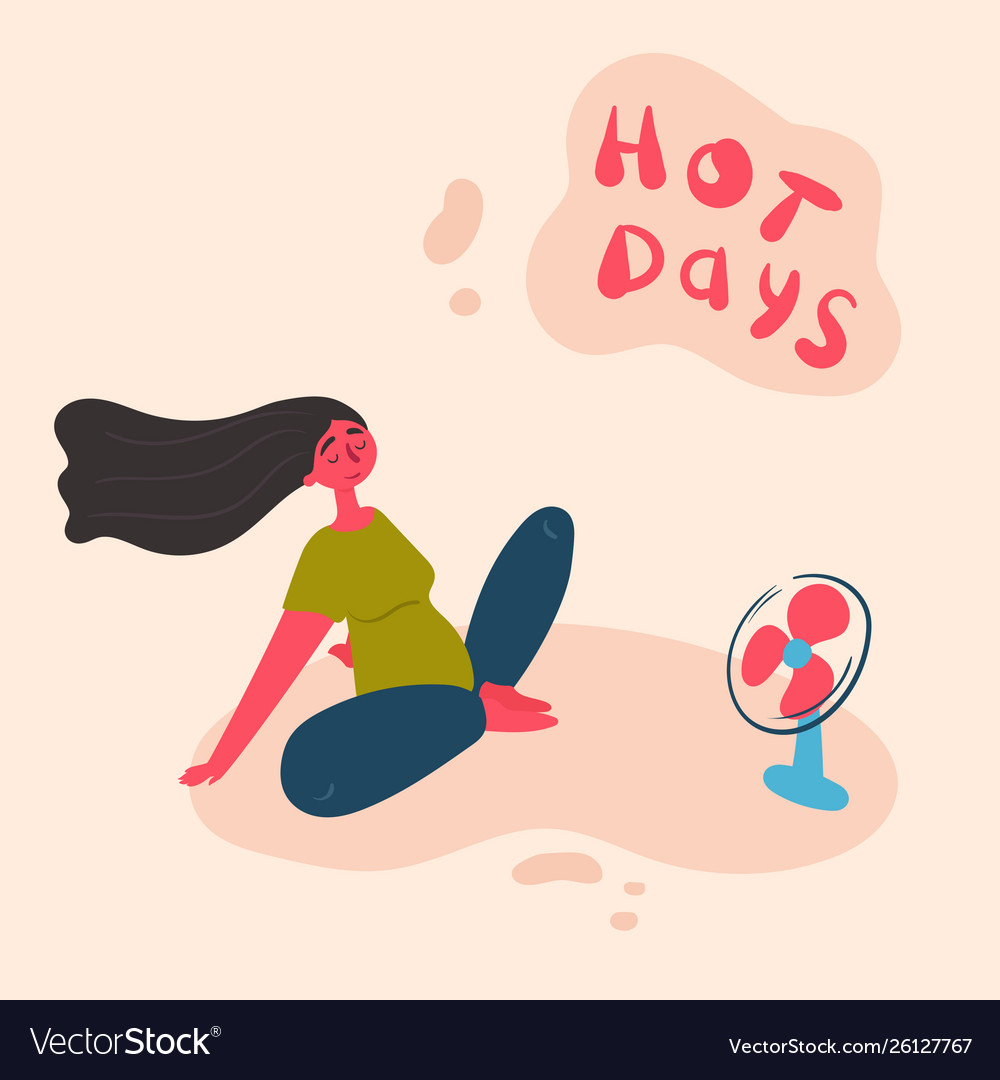 A young woman cools under fan on hot summer day