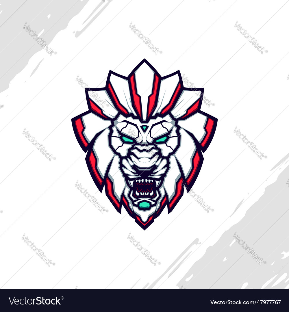 Angry white lion robot head mascot logo