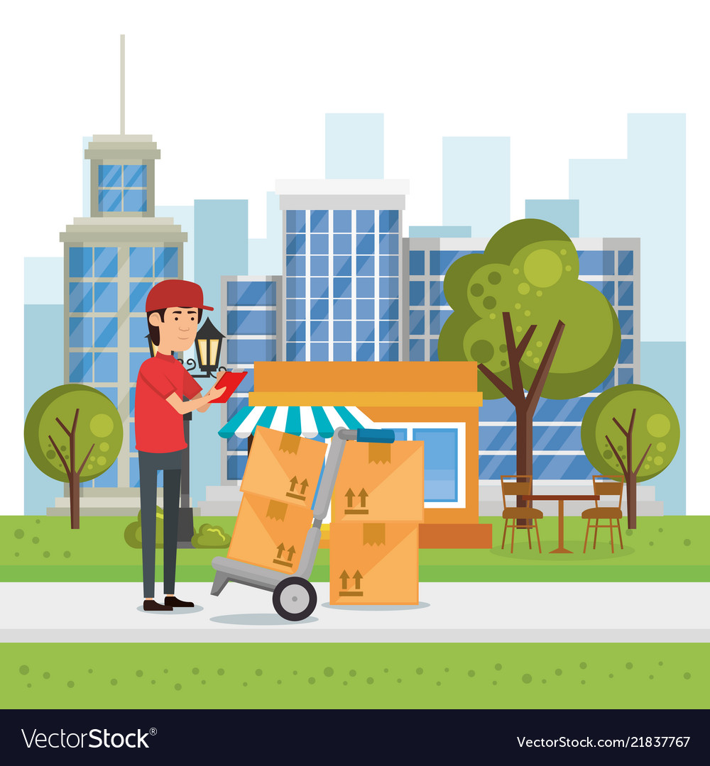 Delivery worker with cart boxes character vector image Delivery worker with cart boxes character