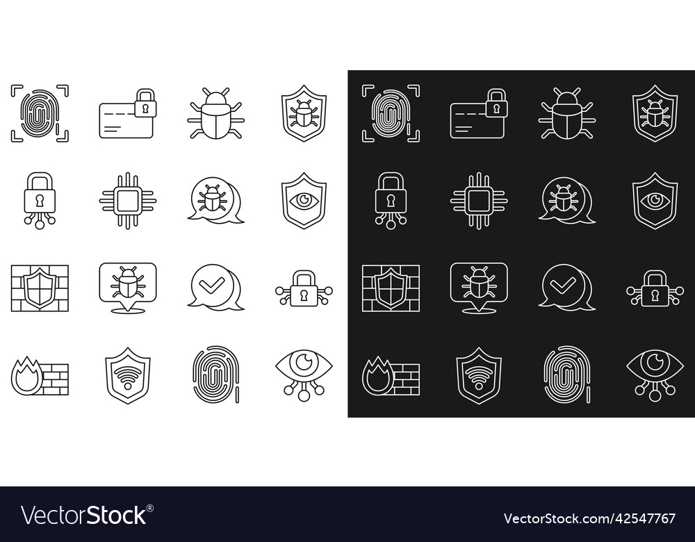 Set line eye scan cyber security shield vector image Set line eye scan cyber security shield