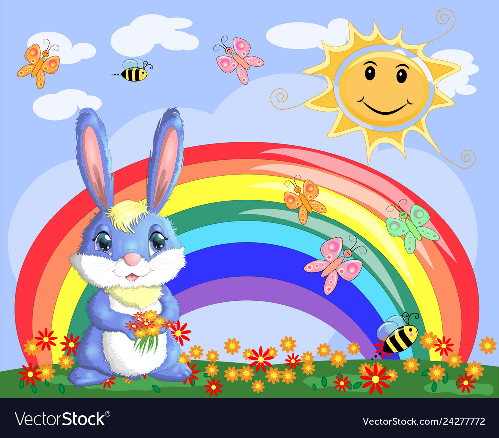 Bunny with a bouquet in meadow near the rainbow