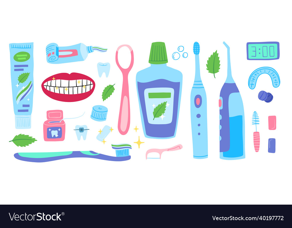 Cartoon color mouth cleaning tools icons set vector image Cartoon color mouth cleaning tools icons set