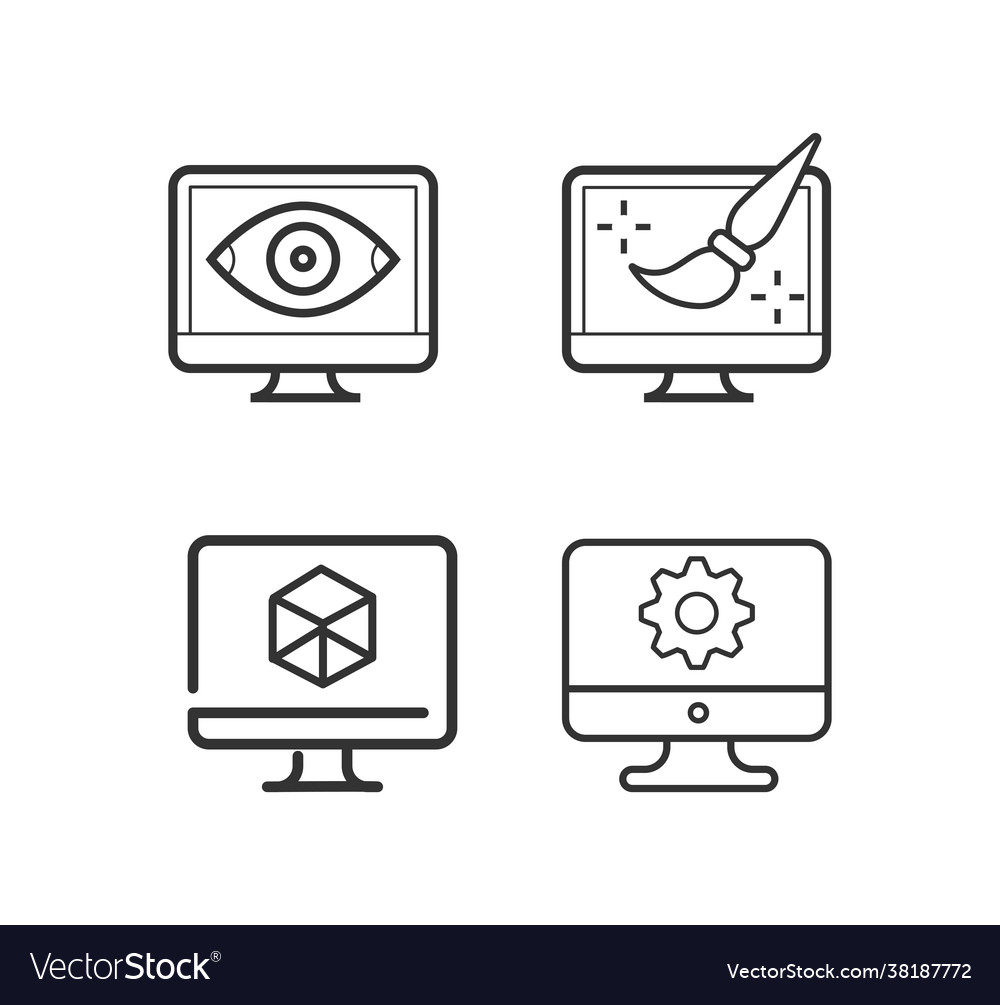 Computer monitor screen line icon set