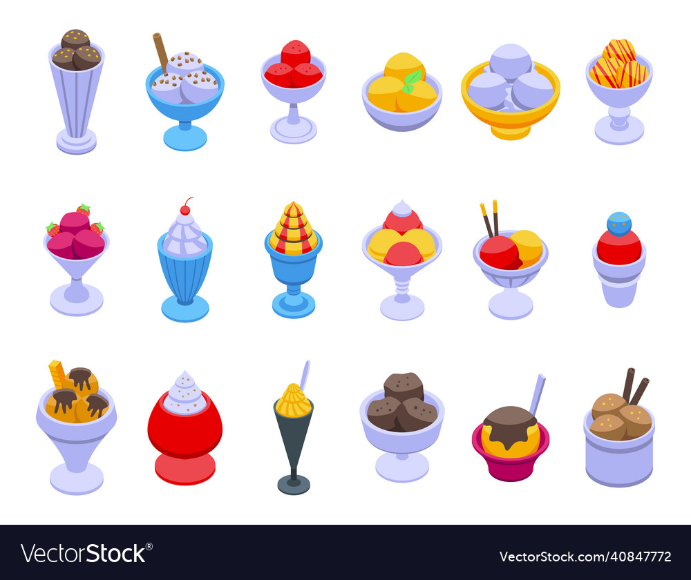 Gelato bowl icons set isometric ice cream