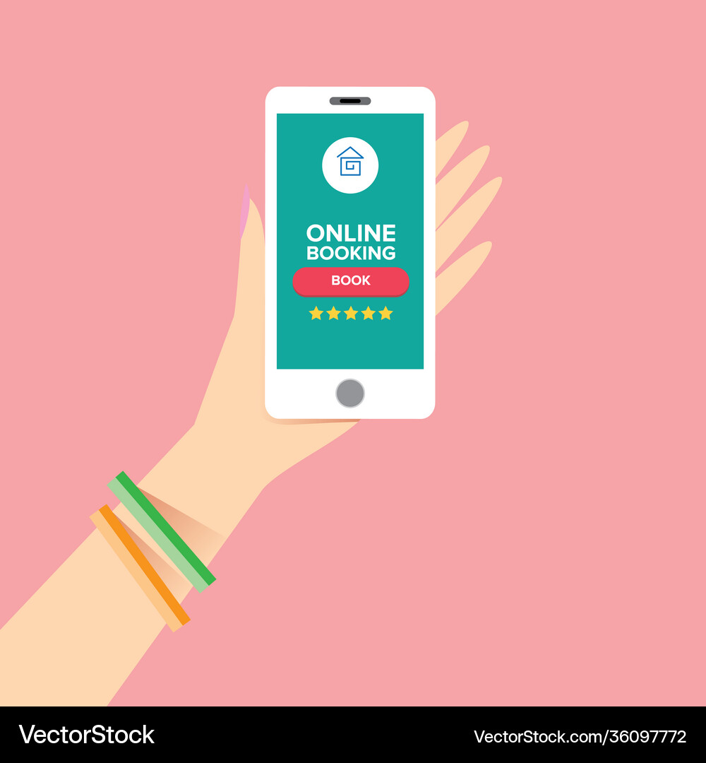 Hand holding white smart phone with online booking