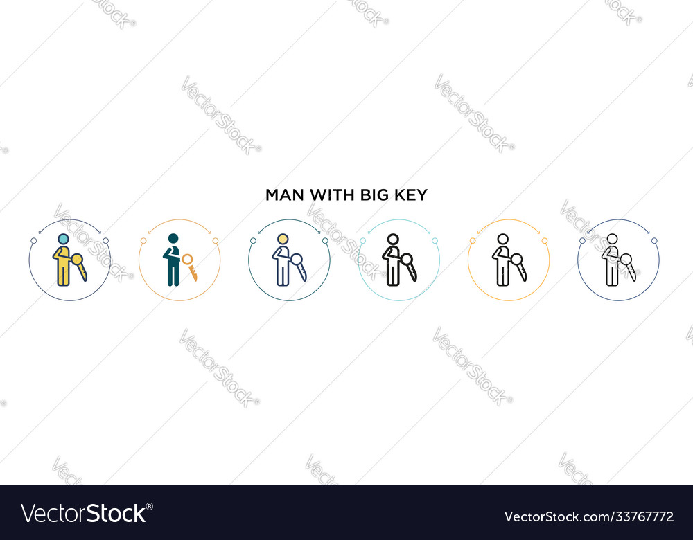 Man with big key icon in filled thin line outline