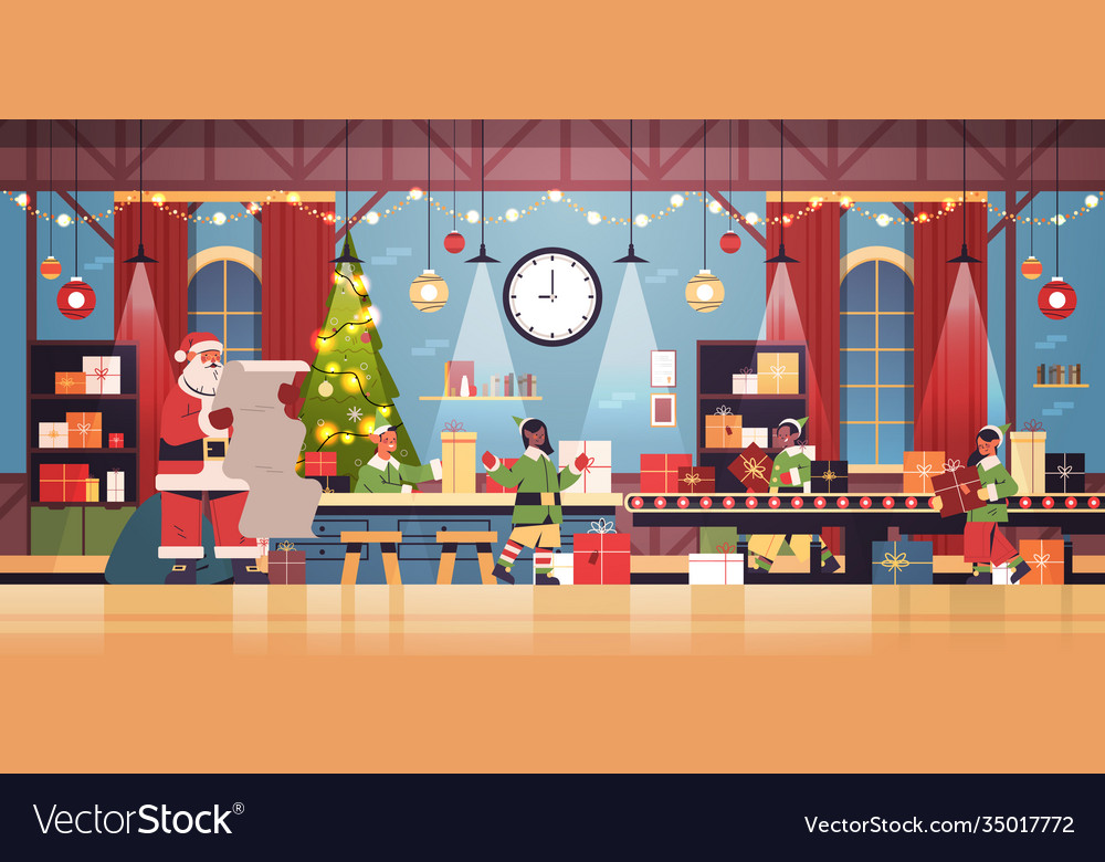 Santa claus with elves putting gifts on machinery Vector Image