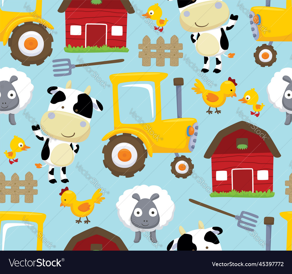 Seamless pattern of farm elements cartoon tractor