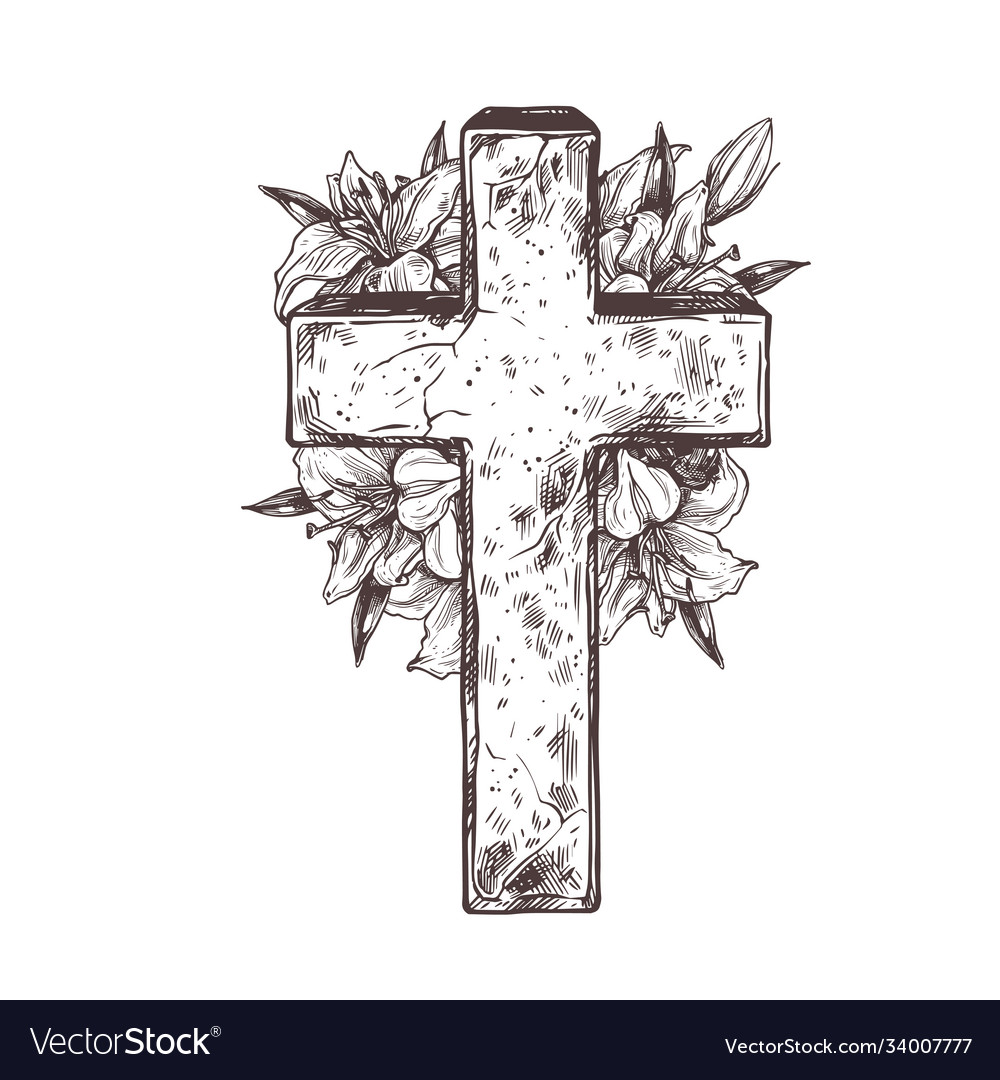 Christ stone crosse with wreath white flowers l vector image Christ stone crosse with wreath white flowers l