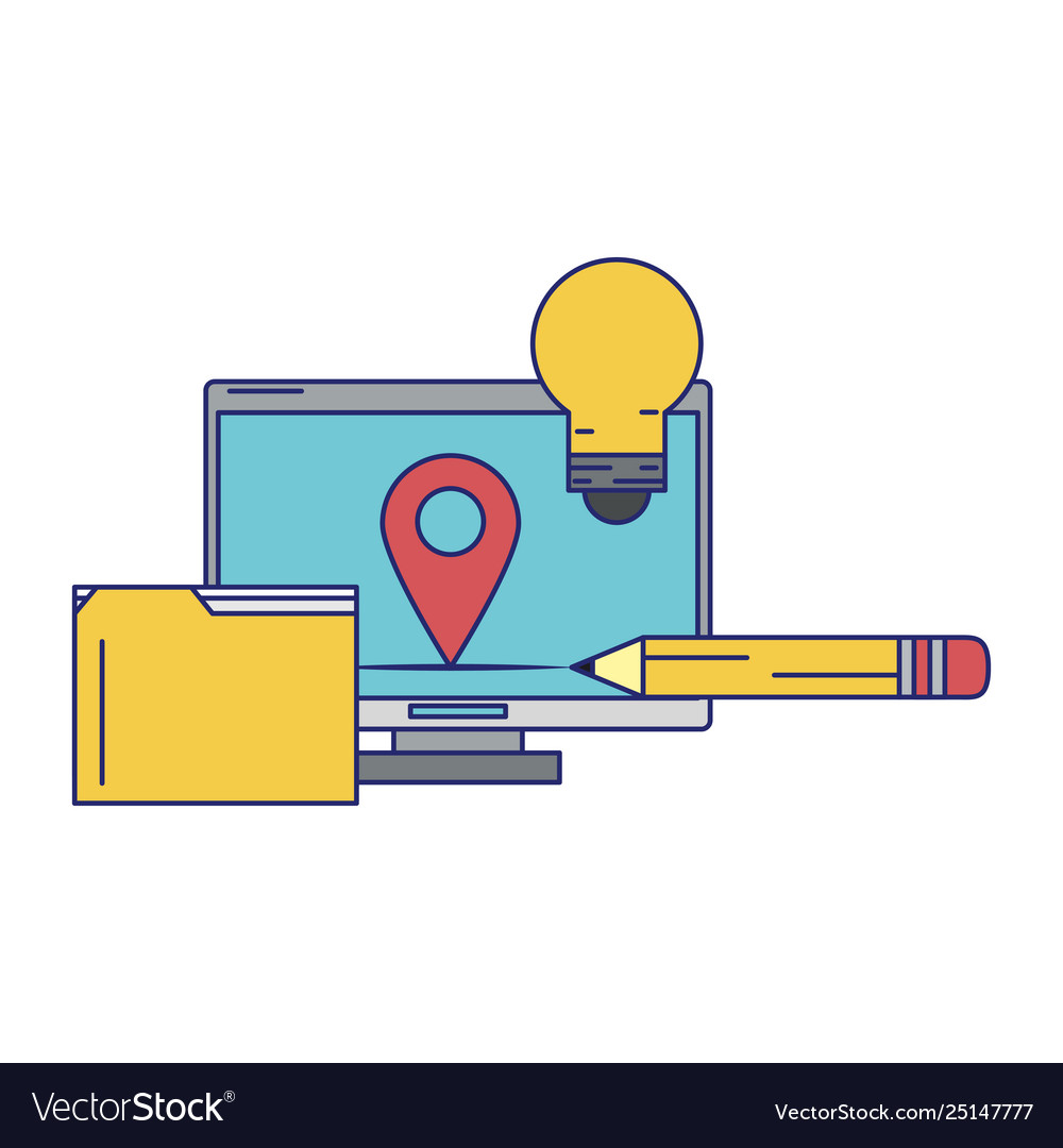 Computer with documents folder blue lines Vector Image Computer with documents folder blue lines