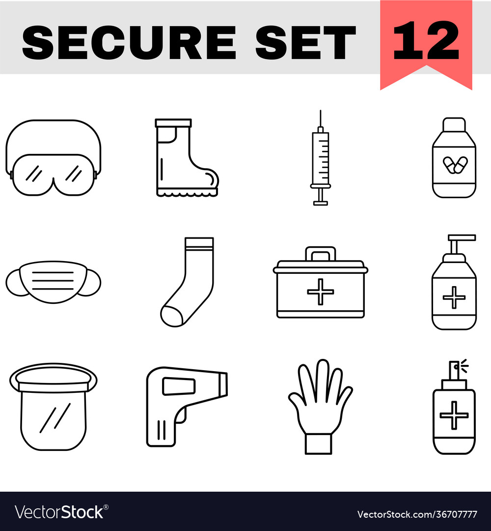 Flat style secure icon set in black thin line art