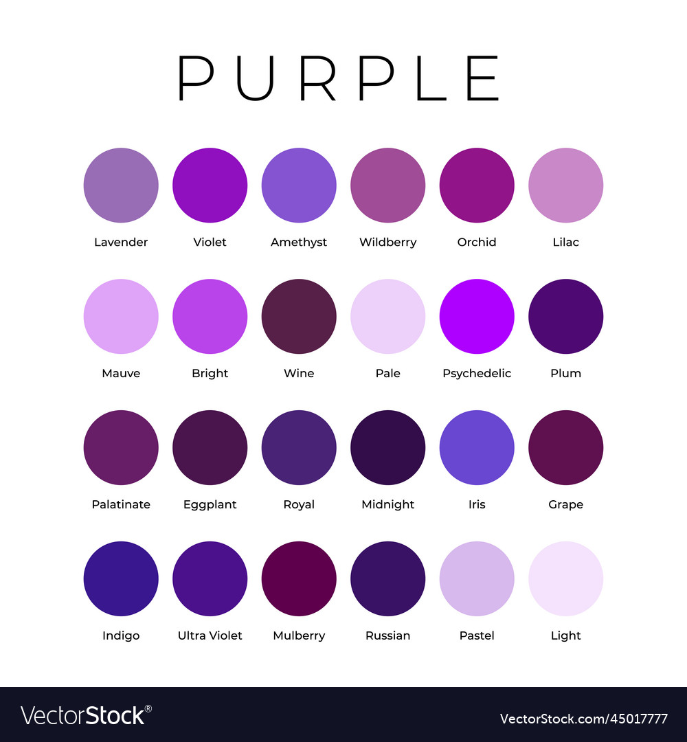 Purple color shades swatches palette with names Vector Image