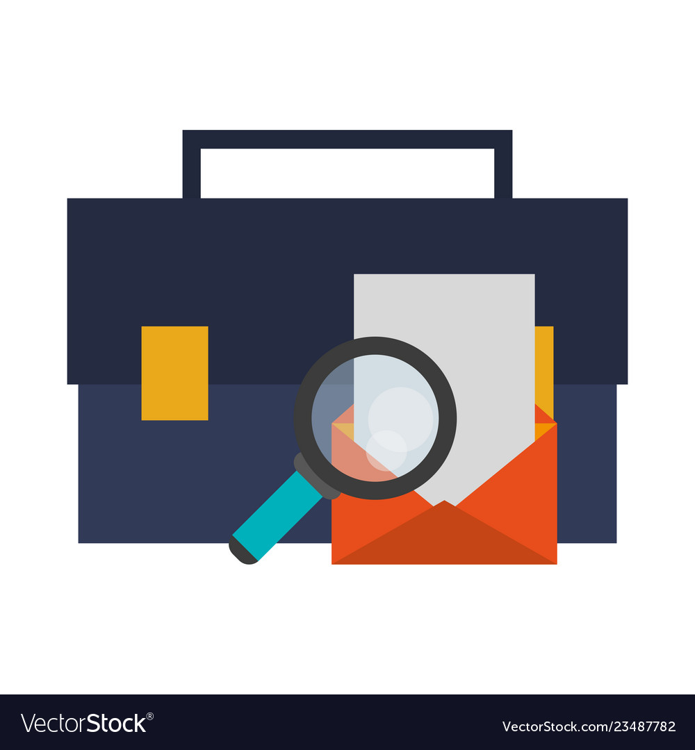 Business briefcase and mail with magnifying glass Vector Image