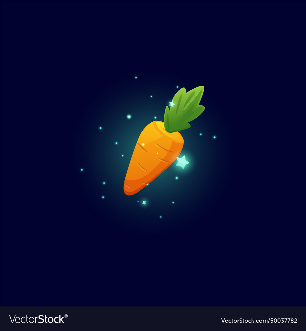 Carrot with leaves and glowing stars icon cartoon