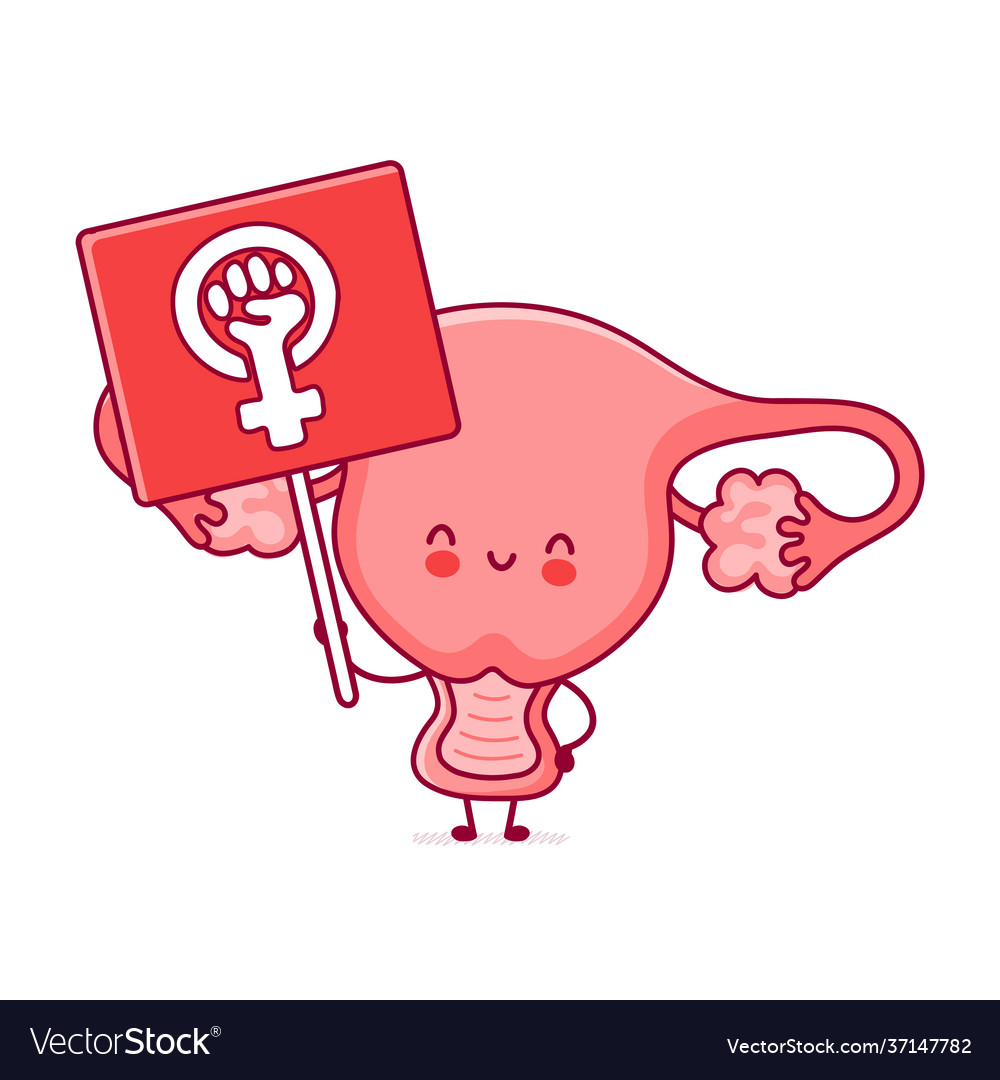 Cute happy uterus organ halten feminismus sign